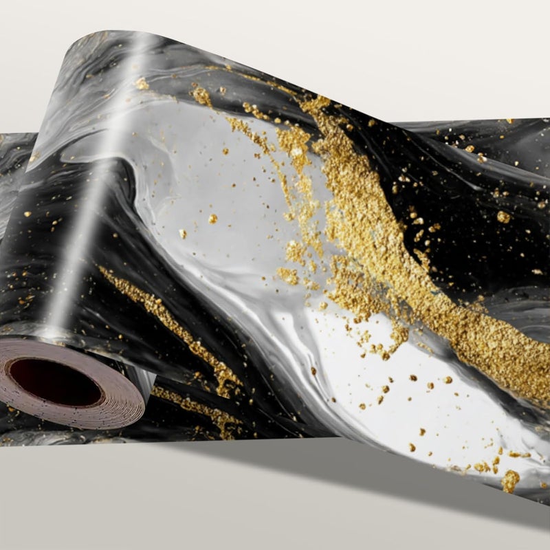 IOHEFY Marble Wave Wallpaper Border 196x4 Inch Peel and Stick Wall Border Black White Gold Pattern Removable Vinyl Wall Trim Kitchen Bathroom Living Room Home Decor - Image 1